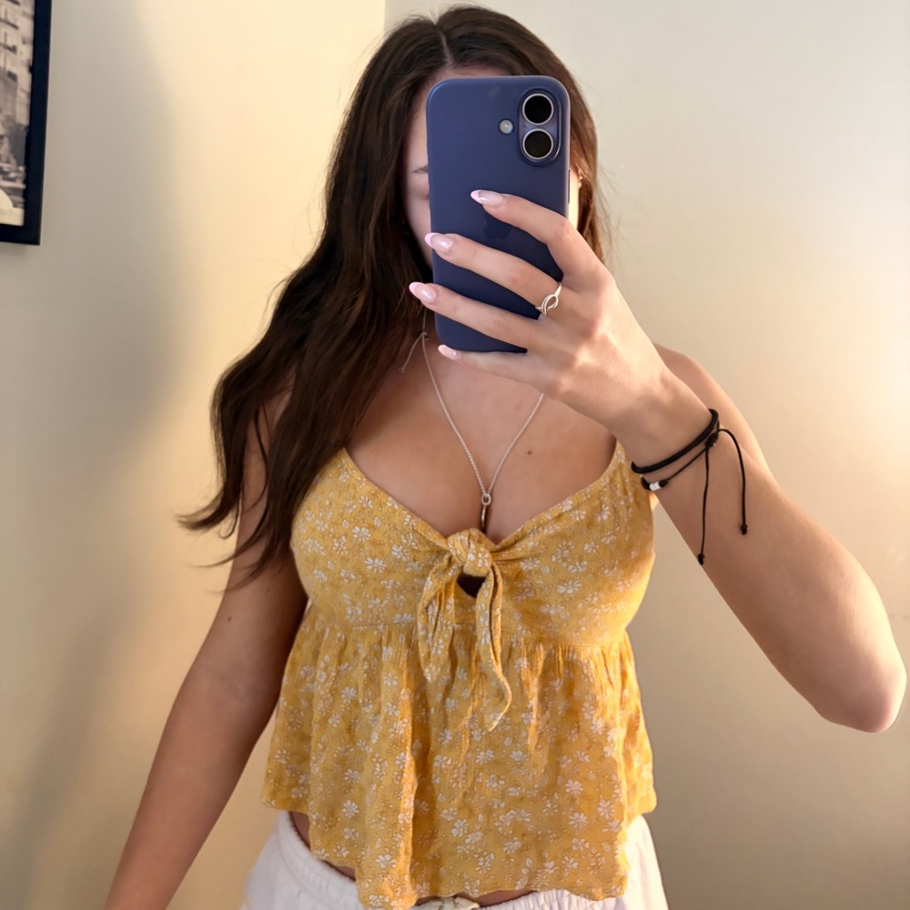 Hollister Mustard Floral Blouse with Bow